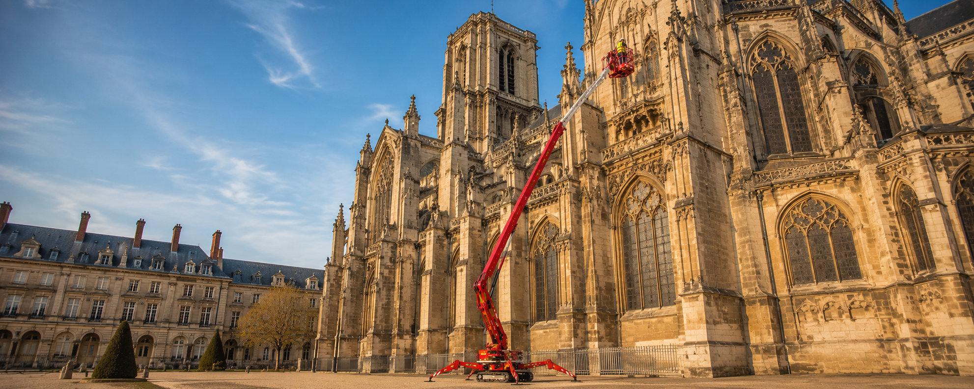 Nacelle araignée intervention façade cathédrale monument classé — Corberon