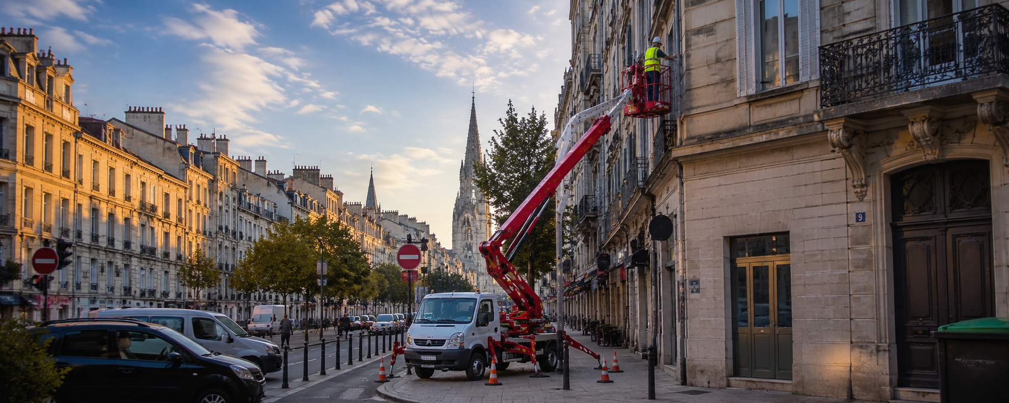 Nacelle élévatrice chantier urbain rue étroite — location Corberon